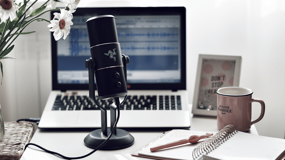  Microphone and laptop computer for recording royalty free ASMR music